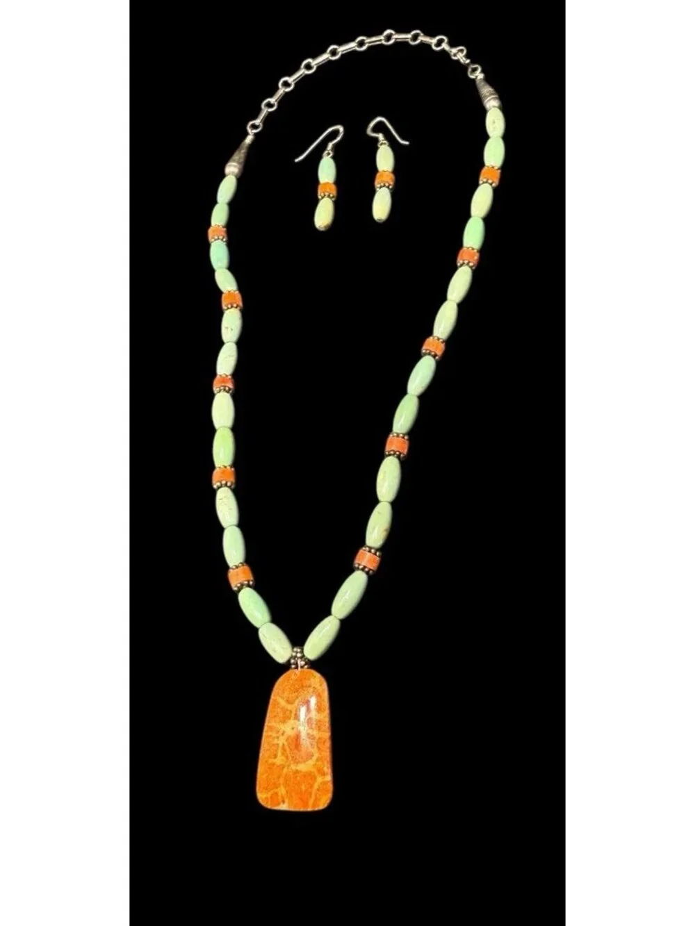 Native American Turquoise Coral Beaded Jewelry Set Necklace Earrings Ethnic